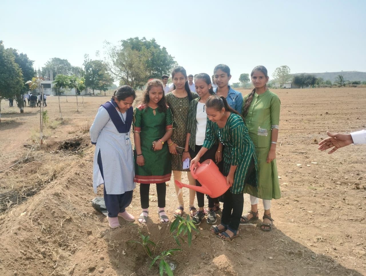 Students watering a newly planted sapling